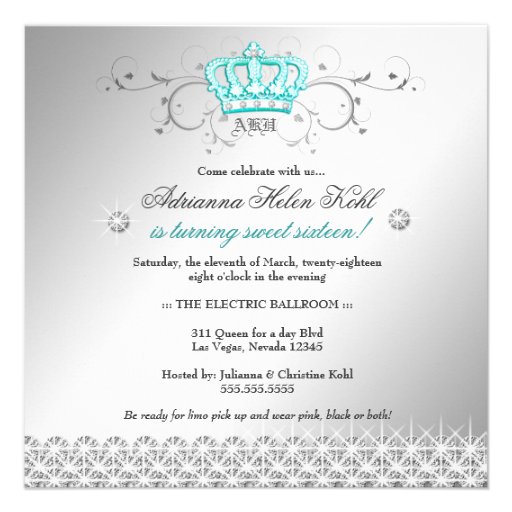 311-Queen for a Day | Sweet Sixteen Turquoise Personalized Invitations