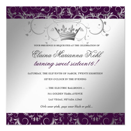 311-Silver Divine | Eggplant Sweet 16 Personalized Invite