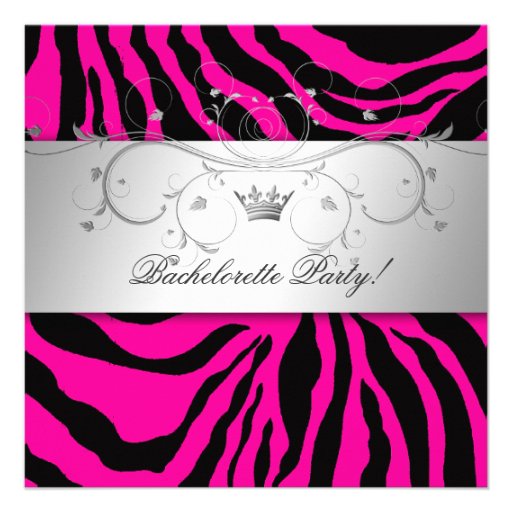 311-Silver Divine Hott Pink Zebra Bachelorette Custom Invites
