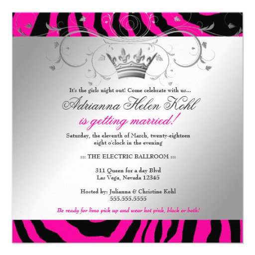 311-Silver Divine Hott Pink Zebra Bachelorette Custom Invites
