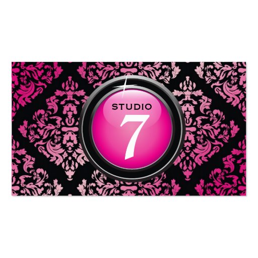 311-Sleek "Button" Hot Pink Yummy Damask Business Cards (front side)