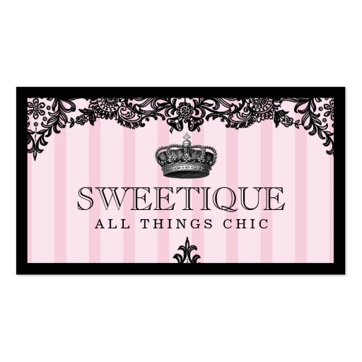 311 Sweetique Pink Stripes & Lace Shimmer Paper Business Card Template (front side)