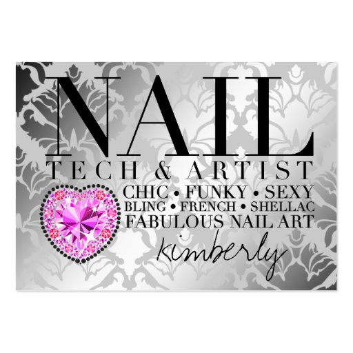 311 Tres Chic Damask Nail Tech Diamond Heart Business Card (front side)
