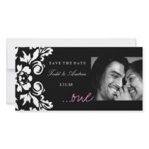 311-White Damask "ONE" Pink Save the Date photo cards