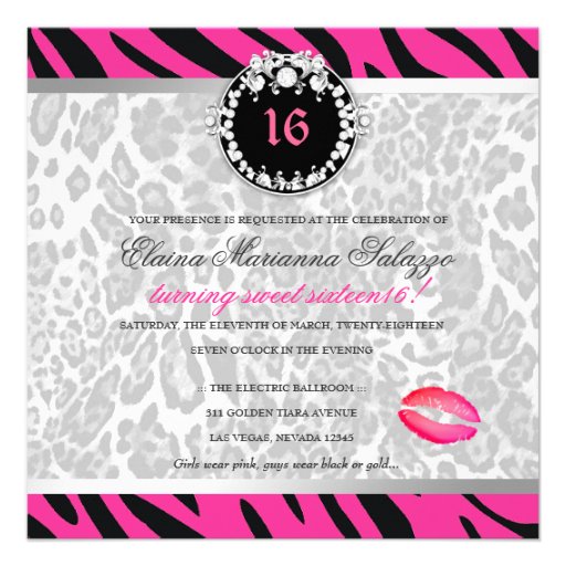 311 Zebra Leo Tique Diamonds n' Kisses Sweet 16 Personalized Invitation