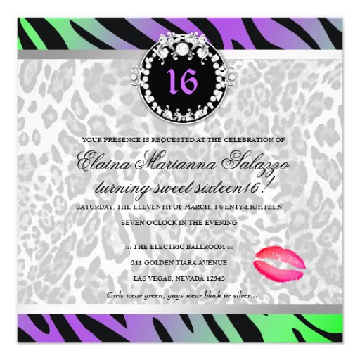 311 Zebra-LeoTique Diamonds n' Kisses Sweet 16 Custom Invitations