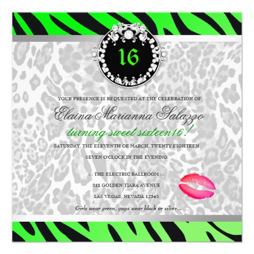 311-Zebra-LeoTique Diamonds n' Kisses Sweet 16 Custom Invitation