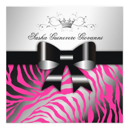 311-Zebra Shimmer Black Bow Hot Pink | Sweet 16 Personalized Invitations