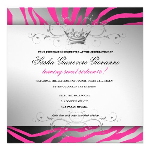311-Zebra Shimmer Black Bow Hot Pink | Sweet 16 Personalized Invitations
