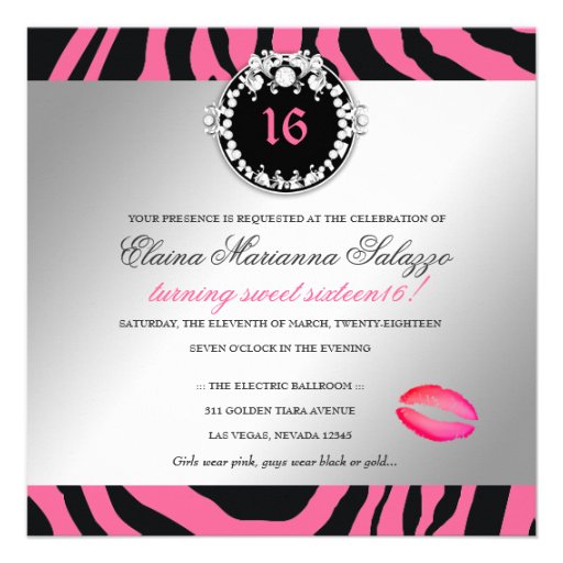 311-Zebra-Tique Diamonds n' Kisses Sweet 16 Pink Invitations