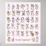 39 Cute Cartoon Rabbits Decor Nursery Poster Pink
