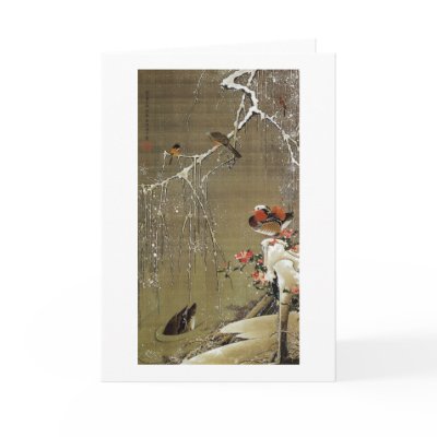 3. 雪中鴛鴦図, 若冲 Mandarin Duck in The Snow, Jakuchū Greeting Cards by ukiyoemuseum