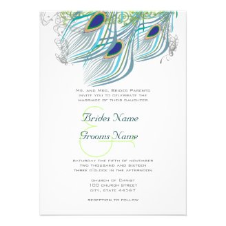 3 Aqua Peacock Vintage Feathers Personalized Announcements