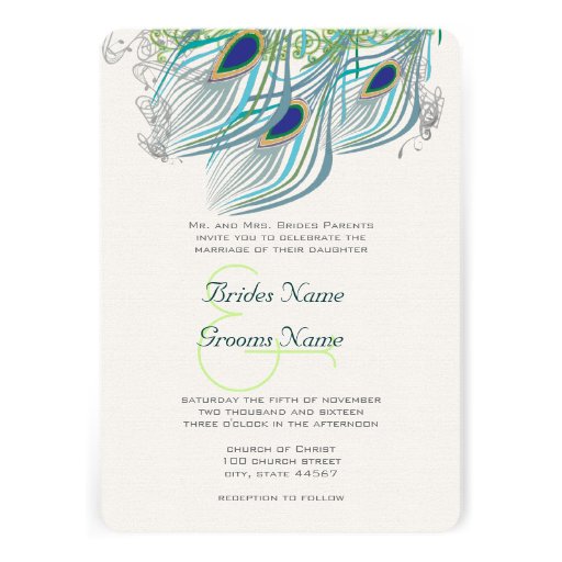 3 Aqua Peacock Vintage Feathers Personalized Announcements