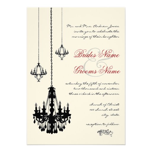 3 Black Chandeliers Red Accents Wedding Invitation