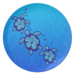 3 Blue Honu Turtles Plate
