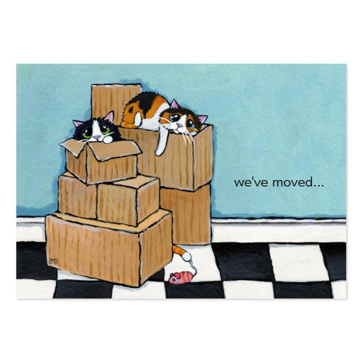 3 Cats & Boxes | We've Moved Announcement Business Card Template (front side)