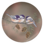 3 CHICKADEES & PINE CONES by SHARON SHARPE Plates