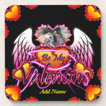 3 Hearts Angel Wings Be My Valentine sign. Coaster