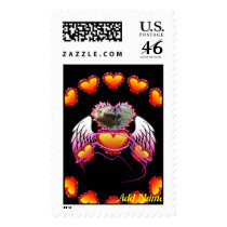 3 Hearts with angel wings and neon sign. Stamp