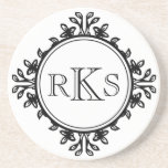 3 monogram royal letter black white leaf border coasters