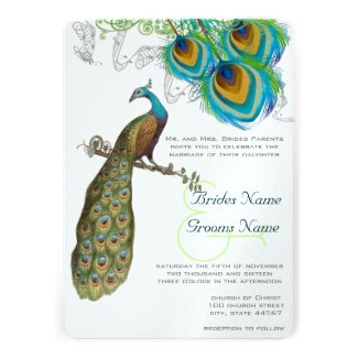 3 Peacock Feathers Art Deco Wedidng Invite