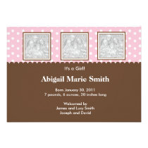 3 Photo Pink and Brown Birth Announcement invitations