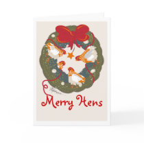 3 Red bow hens on wreath Christmas Card