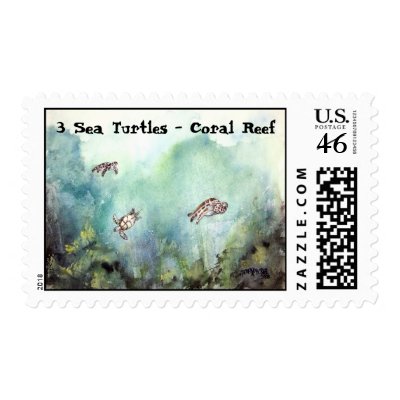 3_sea_turtles_painting, 3 Sea Turtles - Coral Reef Stamp by dereklovessheila