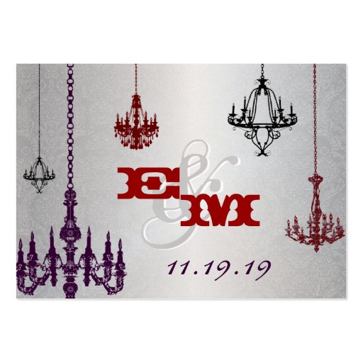 3 Silver Red & Black Chandeliers Damask Wedding Business Card Templates (back side)