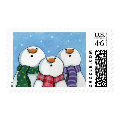 3 Snowmen wearing scarves Postage by LisaMarieArt