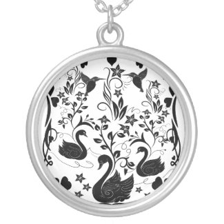3 Swans and hummingbirds black Round Pendant Necklace
