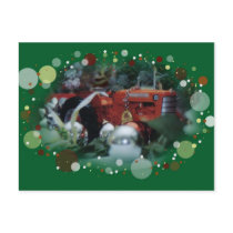 3 toy tractors at christmas post card