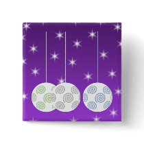 3 White Christmas Baubles on Purple Background. Pinback Buttons