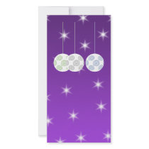 3 White Christmas Baubles on Purple Background. Personalized Photo Card