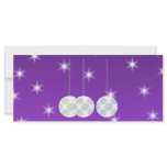 3 White Christmas Baubles on Purple Background. Rack Card Design