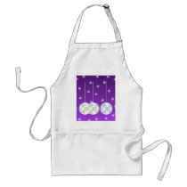 3 White Swirl Design Christmas Baubles. On Purple Aprons
