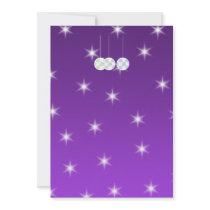 3 White Swirl Design Christmas Baubles. On Purple Invitation
