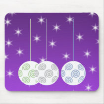 3 White Swirl Design Christmas Baubles. On Purple Mouse Pad