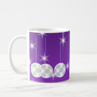 3 White Swirl Design Christmas Baubles. On Purple mug