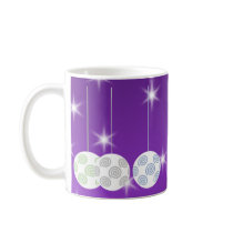 3 White Swirl Design Christmas Baubles. On Purple Mug
