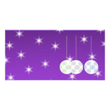 3 White Swirl Design Christmas Baubles. On Purple Photo Cards