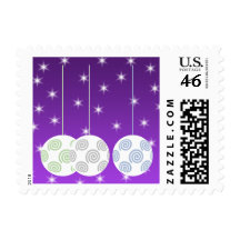 3 White Swirl Design Christmas Baubles. On Purple Postage