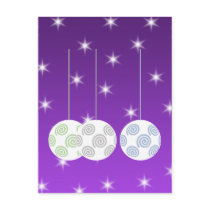 3 White Swirl Design Christmas Baubles. On Purple Postcard