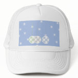 3 White Swirly Christmas Baubles. On Blue. Hat
