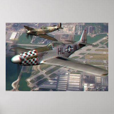 3D Anaglyph of P51 n Spitfire over Airfield Print by prolithic