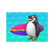 3d Penguin Surfboard Stretched Canvas Print
