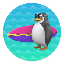3d-penguin-surfboard round stickers