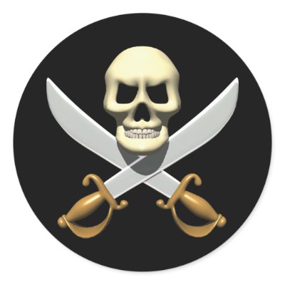 3D Pirate Skull and Crossed Swords Round Stickers by gotrum