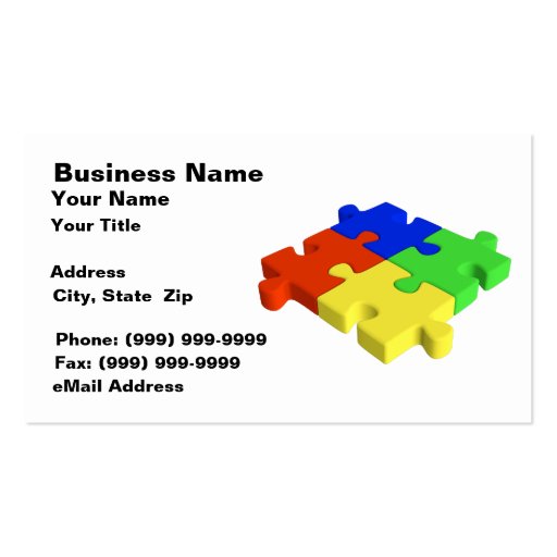 3D Puzzle Pieces (Red, Blue, Green, Yellow) Business Card Template (front side)